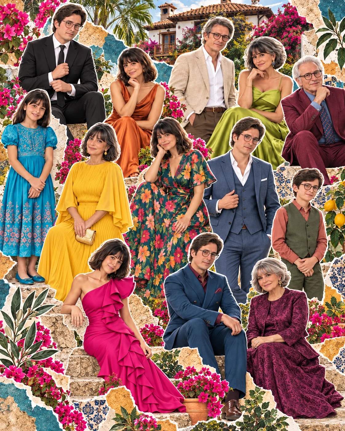 Farbige Modecollage mit langen Kleidern und Anzügen vor einem Landhausgarten, als Anregung für den Dresscode